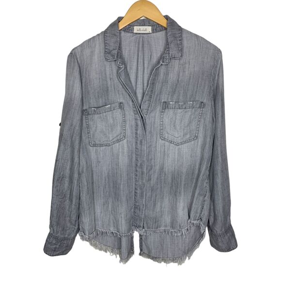 Bella Dahl frayed hem split back button down gray chambray - Picture 2 of 12